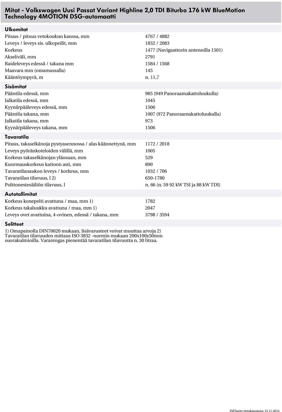 11,7 Sisämitat Pääntila edessä, mm 985 (949 Panoraamakattoluukulla) Jalkatila edessä, mm 1045 Kyynärpääleveys edessä, mm 1506 Pääntila takana, mm 1007 (972 Panoraamakattoluukulla) Jalkatila takana,