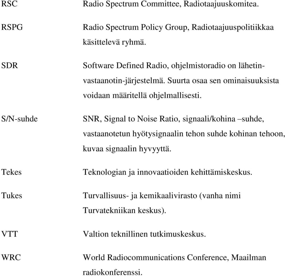 SNR, Signal to Noise Ratio, signaali/kohina suhde, vastaanotetun hyötysignaalin tehon suhde kohinan tehoon, kuvaa signaalin hyvyyttä.