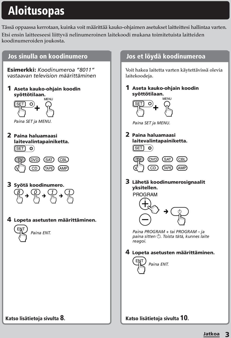 Jos sinulla on koodinumero Esimerkki: Koodinumeroa 80 vastaavan television määrittäminen Aseta kauko-ohjain koodin syöttötilaan. + MENU Paina ja MENU. Paina haluamaasi laitevalintapainiketta.