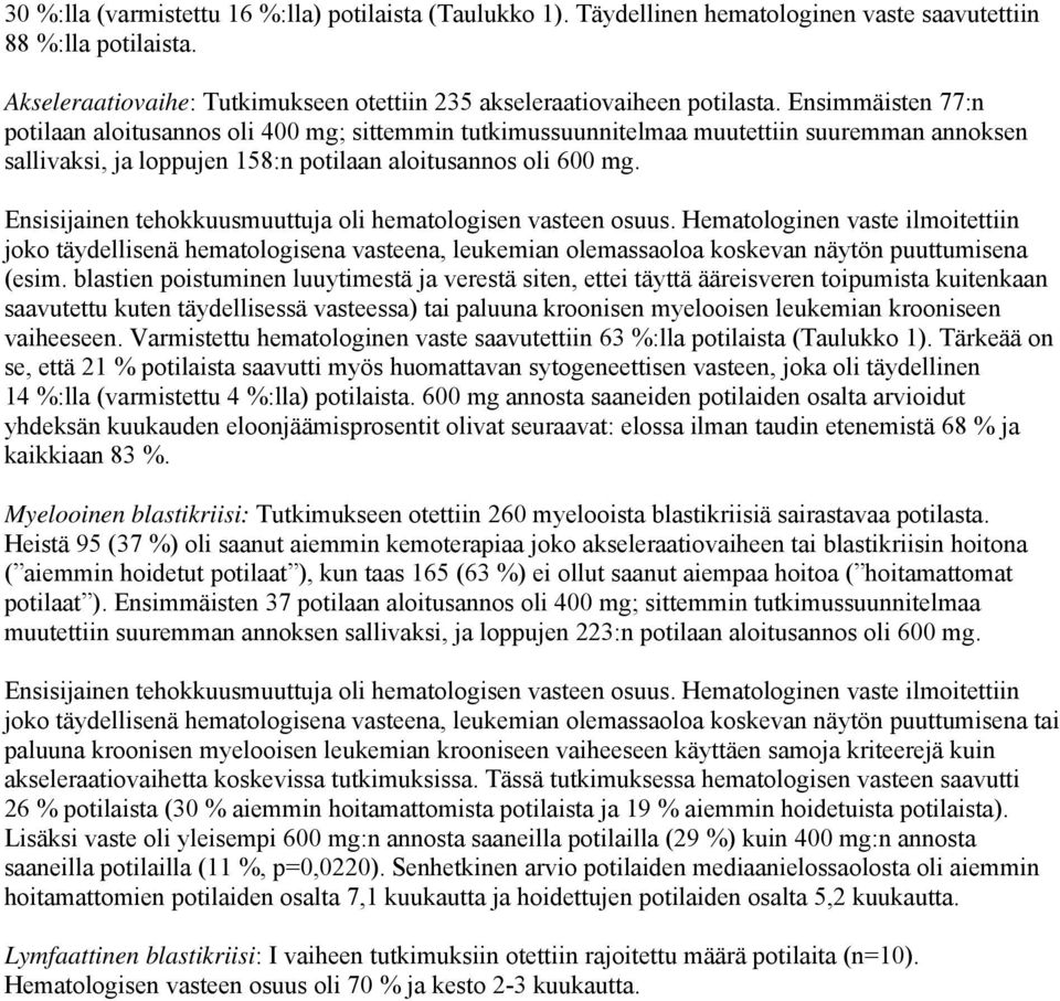 Ensisijainen tehokkuusmuuttuja oli hematologisen vasteen osuus. Hematologinen vaste ilmoitettiin joko täydellisenä hematologisena vasteena, leukemian olemassaoloa koskevan näytön puuttumisena (esim.