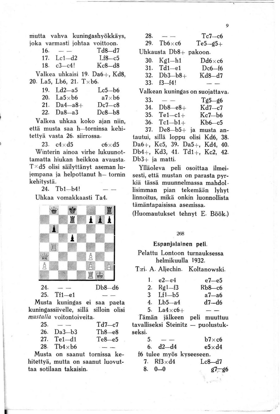 e4 x ds e6 x ds Winterin ainoa virhe lukuunottamatta hiukan heikkoa avausta. T x ds olisi säilyttänyt aseman lujempana ja helpottanut h- tornin kehitystä. 24. Tbl- b4! Uhkaa vomakkaasti Ta4. 28. 29.