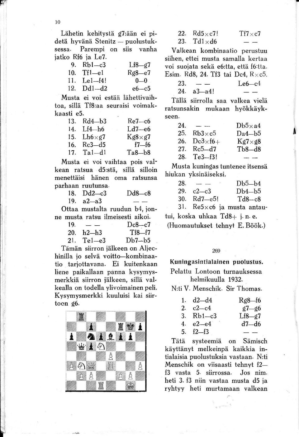 Tai- dl Re7- c6 Ld7-e6 Kg8xg7 17-16 Ta8-b8 Musta ei voi vaihtaa pois valkean ratsua. d5:stä, sillä silloin menettäisi hänen oma ratsunsa parhaan ruutunsa. 18. Dd2-c3 Dd8-c8 19.