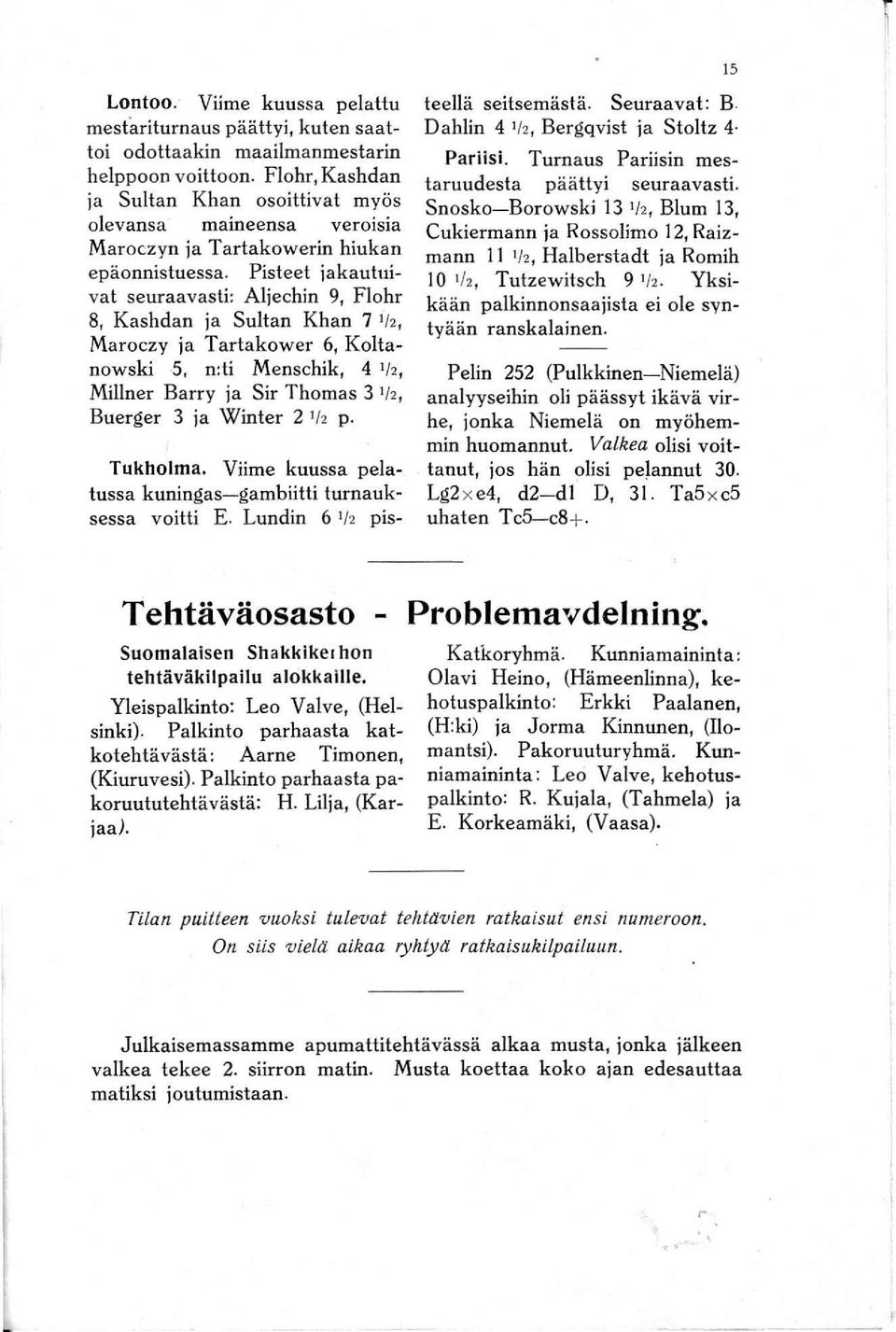 Pisteet jakautuivat seuraavasti: Aljechin 9, FIohr 8, Kashdan ja Sultan Khan 7 'h, Maroczy ja Tartakower 6, Koltanowski5.