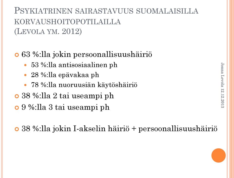 %:lla epävakaa ph 78 %:lla nuoruusiän käytöshäiriö 38 %:lla 2 tai useampi ph