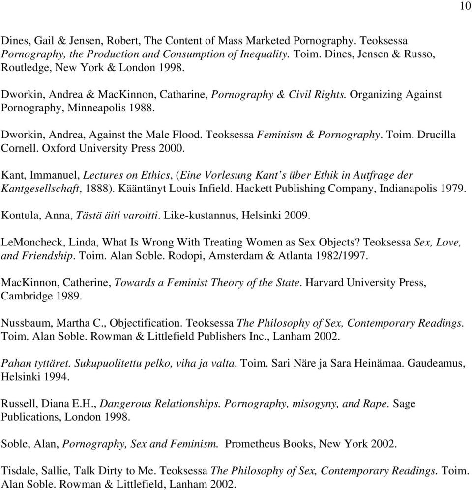 Dworkin, Andrea, Against the Male Flood. Teoksessa Feminism & Pornography. Toim. Drucilla Cornell. Oxford University Press 2000.