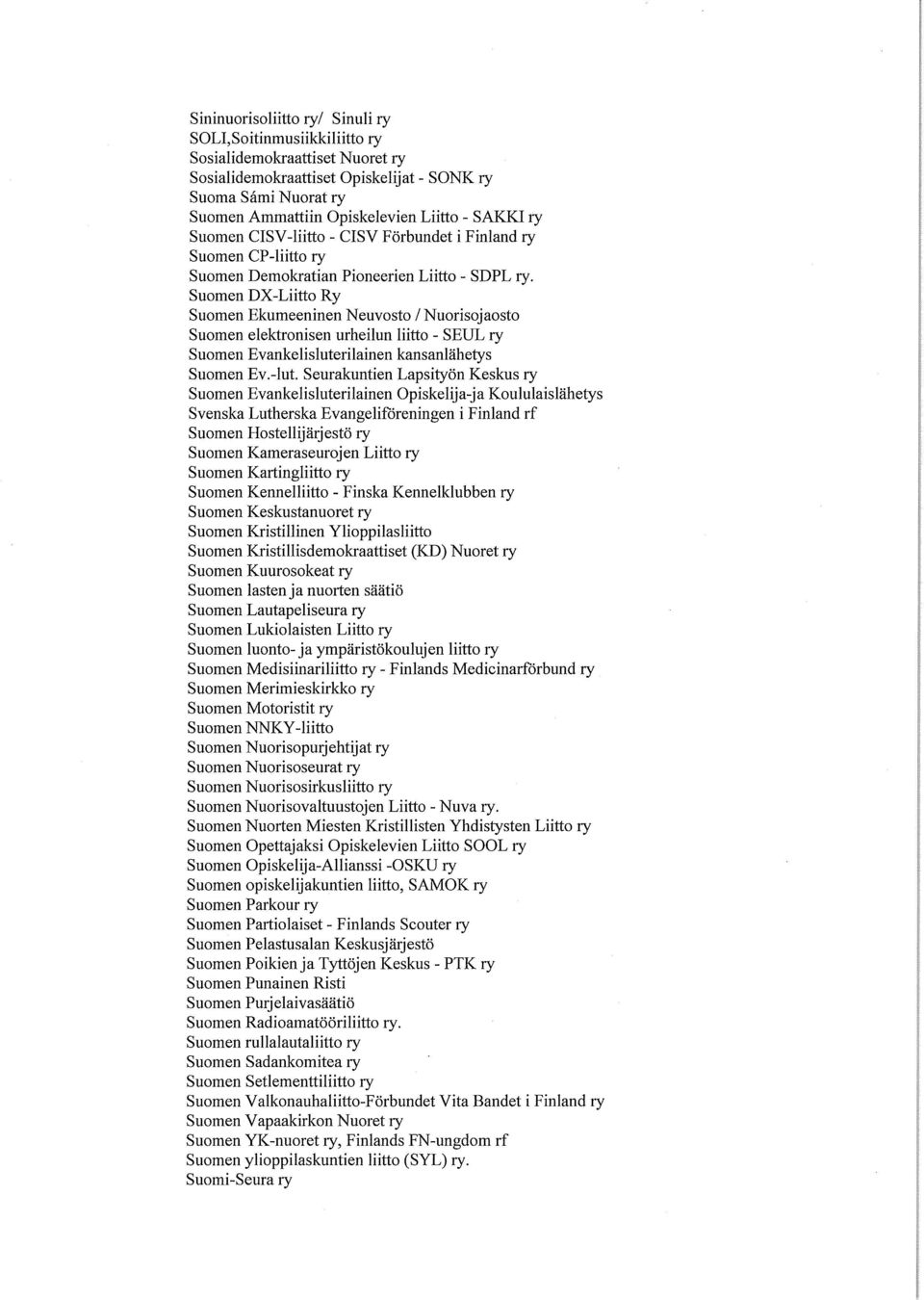 Suomen DX-Liitto Ry Suomen Ekumeeninen Neuvosto /Nuorisojaosto Suomen elektronisen urheilun liitto - SEUL ry Suomen Evankelisluterilainen kansanlähetys Suomen Ev.-lut.