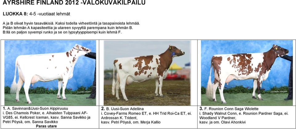 Des Chamois Poker, e. Alhaisten Tulppaani AF- VG85, ei. Kellcrest Iceman, kasv. Sanna Savikko ja Petri Pöysä, om. Sanna Savikko Paras utare 2. B. Uusi-Suon Adeliina i.