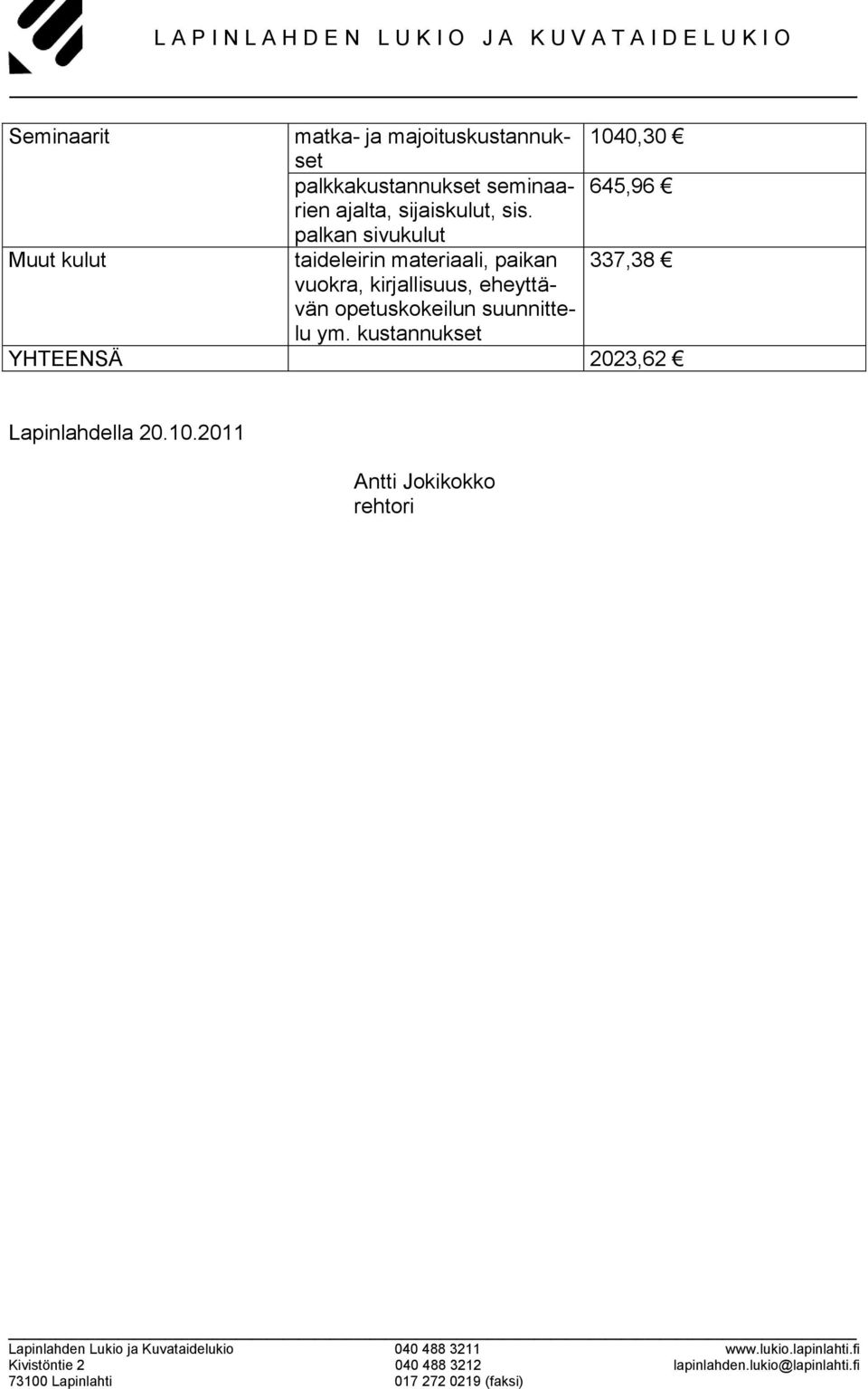 palkan sivukulut Muut kulut taideleirin materiaali, paikan 337,38 vuokra,