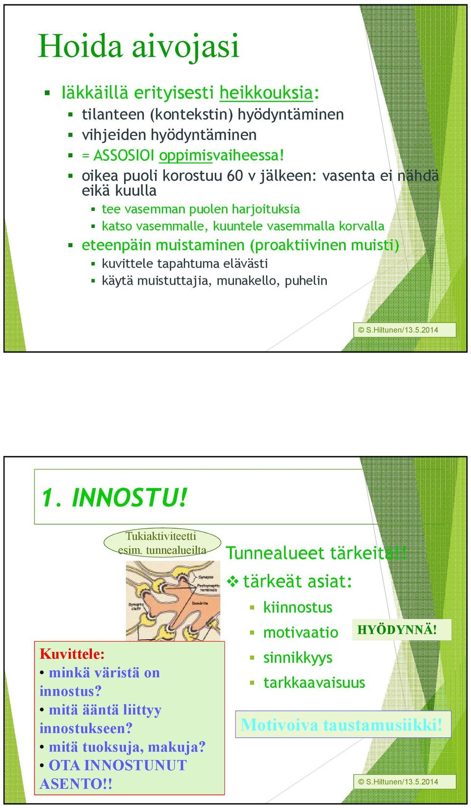 (proaktiivinen muisti) kuvittele tapahtuma elävästi käytä muistuttajia, munakello, puhelin 1. INNOSTU! Tukiaktiviteetti esim.