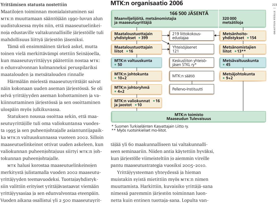 Tämä oli ensimmäinen tärkeä askel, mutta toinen vielä merkittävämpi otettiin Seinäjoella, kun maaseutuyrittäjyys päätettiin nostaa mtk: n edunvalvonnan kolmanneksi peruspilariksi maatalouden ja