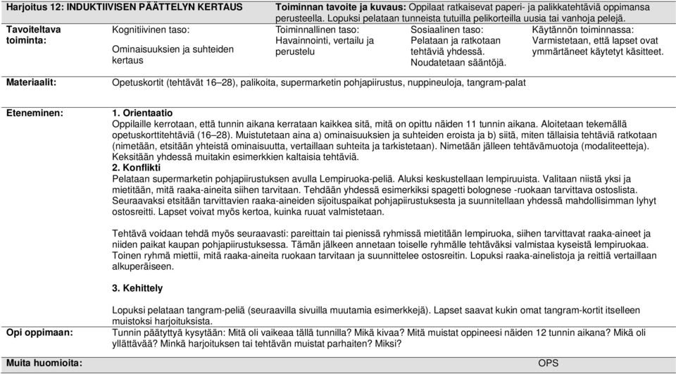 Toiminnallinen taso: Sosiaalinen taso: Käytännön toiminnassa: Havainnointi, vertailu ja Pelataan ja ratkotaan Varmistetaan, että lapset ovat perustelu tehtäviä yhdessä. ymmärtäneet käytetyt käsitteet.