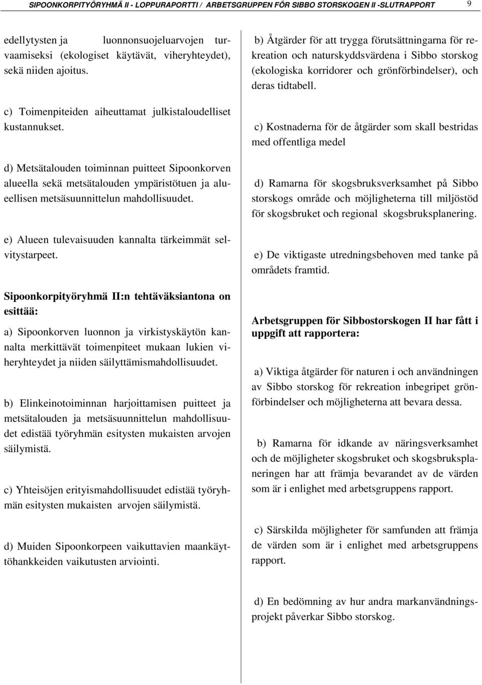 d) Metsätalouden toiminnan puitteet Sipoonkorven alueella sekä metsätalouden ympäristötuen ja alueellisen metsäsuunnittelun mahdollisuudet. e) Alueen tulevaisuuden kannalta tärkeimmät selvitystarpeet.