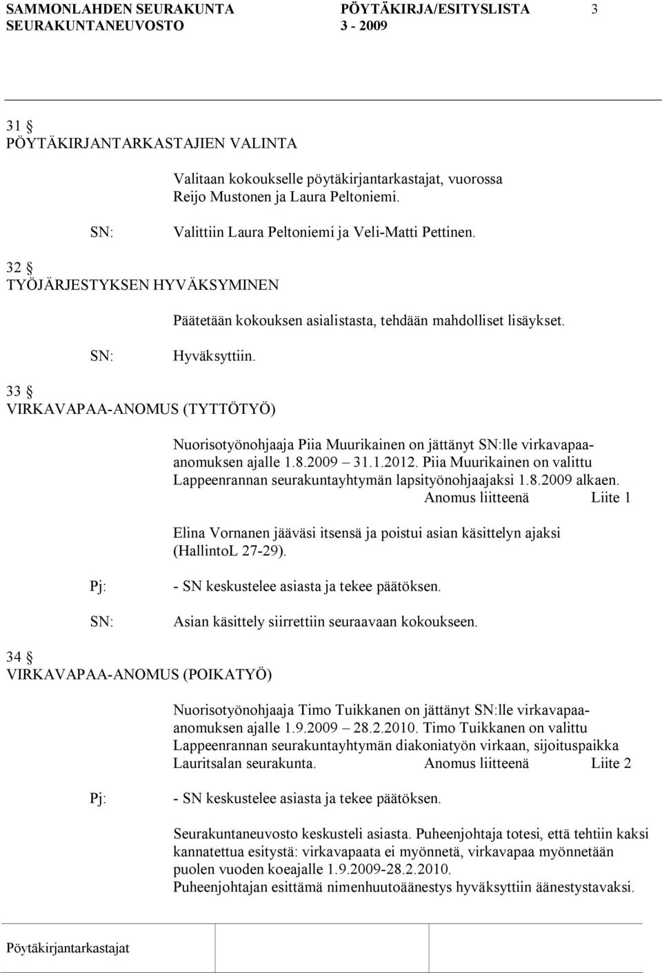33 VIRKAVAPAA ANOMUS (TYTTÖTYÖ) Nuorisotyönohjaaja Piia Muurikainen on jättänyt lle virkavapaaanomuksen ajalle 1.8.2009 31.1.2012.