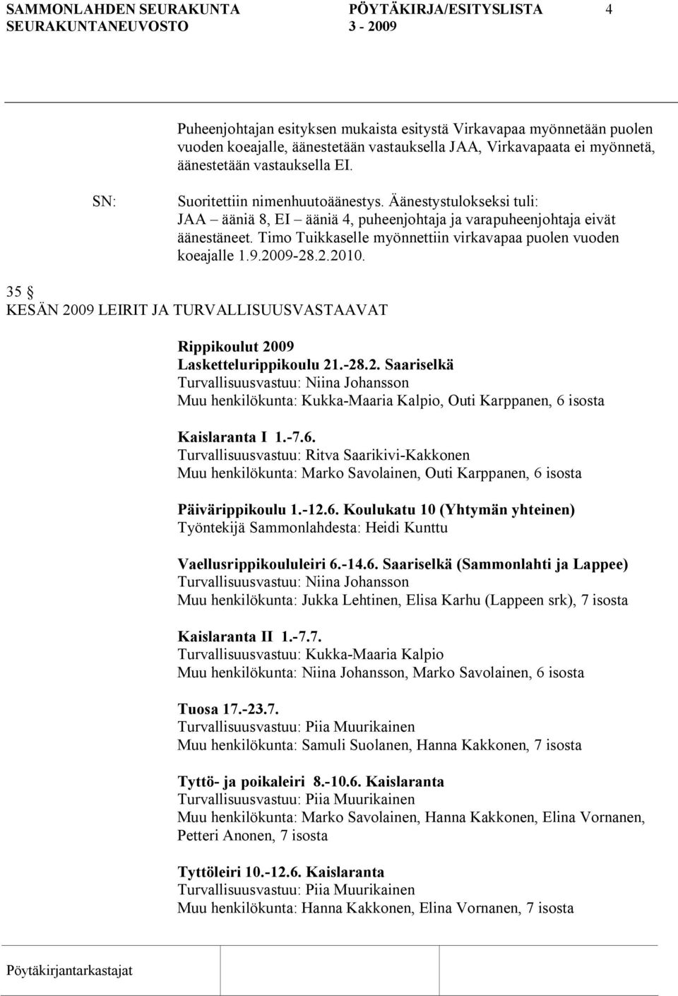 Timo Tuikkaselle myönnettiin virkavapaa puolen vuoden koeajalle 1.9.2009 28.2.2010. 35 KESÄN 2009 LEIRIT JA TURVALLISUUSVASTAAVAT Rippikoulut 2009 Laskettelurippikoulu 21. 28.2. Saariselkä Turvallisuusvastuu: Niina Johansson Muu henkilökunta: Kukka Maaria Kalpio, Outi Karppanen, 6 isosta Kaislaranta I 1.