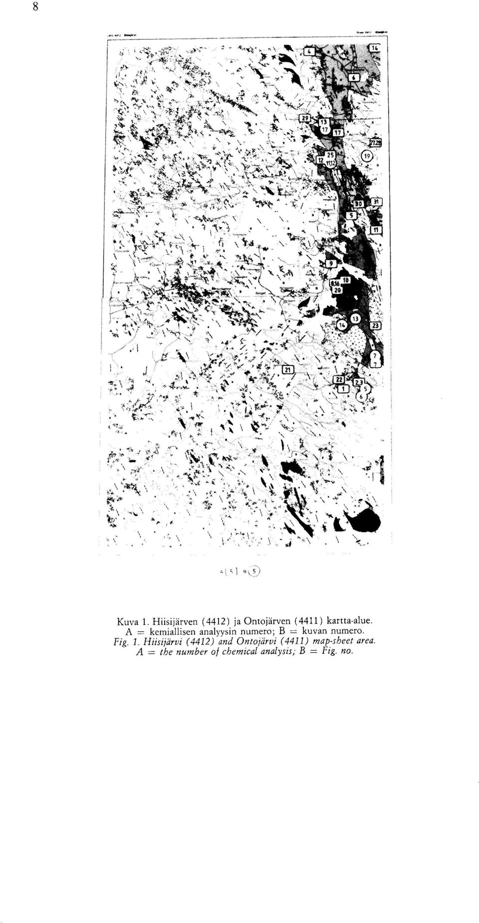 A = kemiallisen analyysin numero ; B = kuvan numero. Fig.