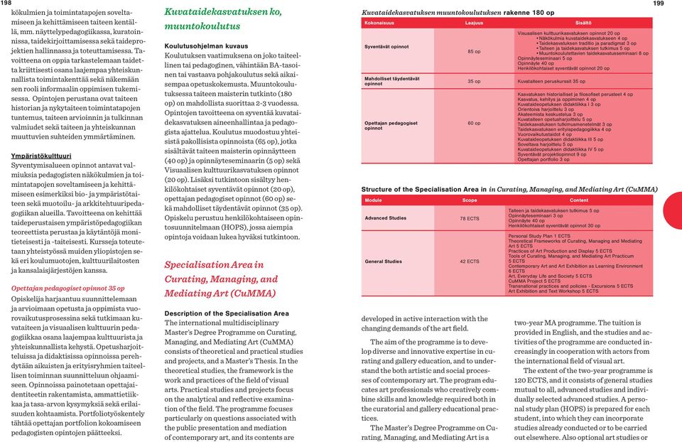 Opintojen perustana ovat taiteen historian ja nykytaiteen toimintatapojen tuntemus, taiteen arvioinnin ja tulkinnan valmiudet sekä taiteen ja yhteiskunnan muuttuvien suhteiden ymmärtäminen.