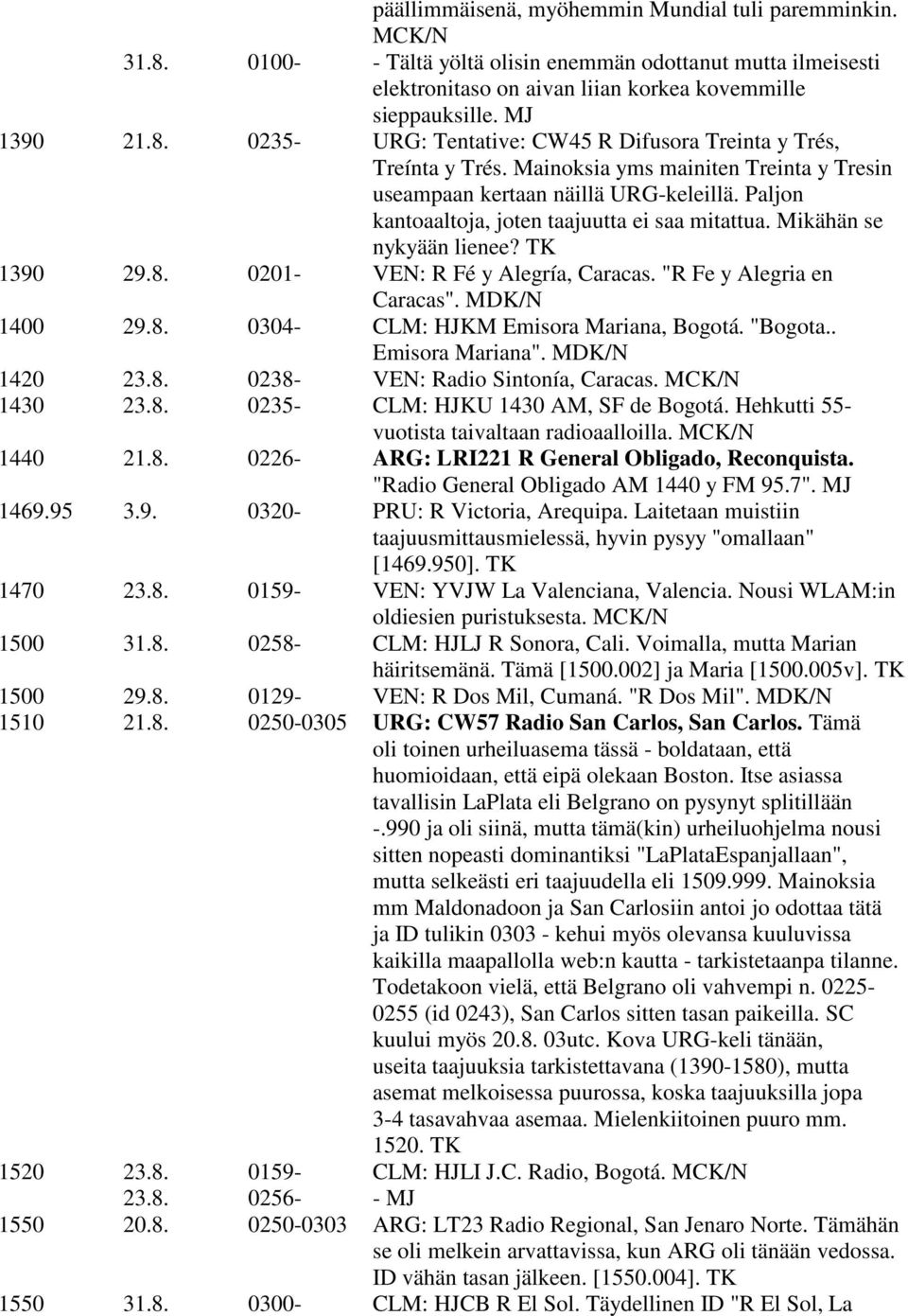 Paljon kantoaaltoja, joten taajuutta ei saa mitattua. Mikähän se nykyään lienee? TK 1390 29.8. 0201- VEN: R Fé y Alegría, Caracas. "R Fe y Alegria en Caracas". MDK/N 1400 29.8. 0304- CLM: HJKM Emisora Mariana, Bogotá.