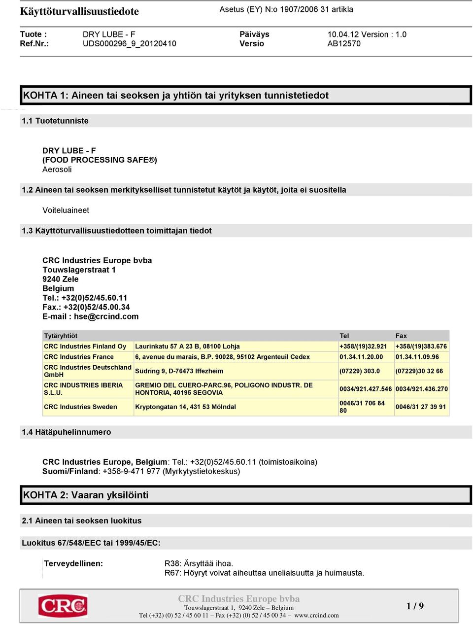 : +32(0)52/45.60.11 Fax.: +32(0)52/45.00.34 E-mail : hse@crcind.com Tytäryhtiöt Tel Fax CRC Industries Finland Oy Laurinkatu 57 A 23 B, 08100 Lohja +358/(19)32.921 +358/(19)383.