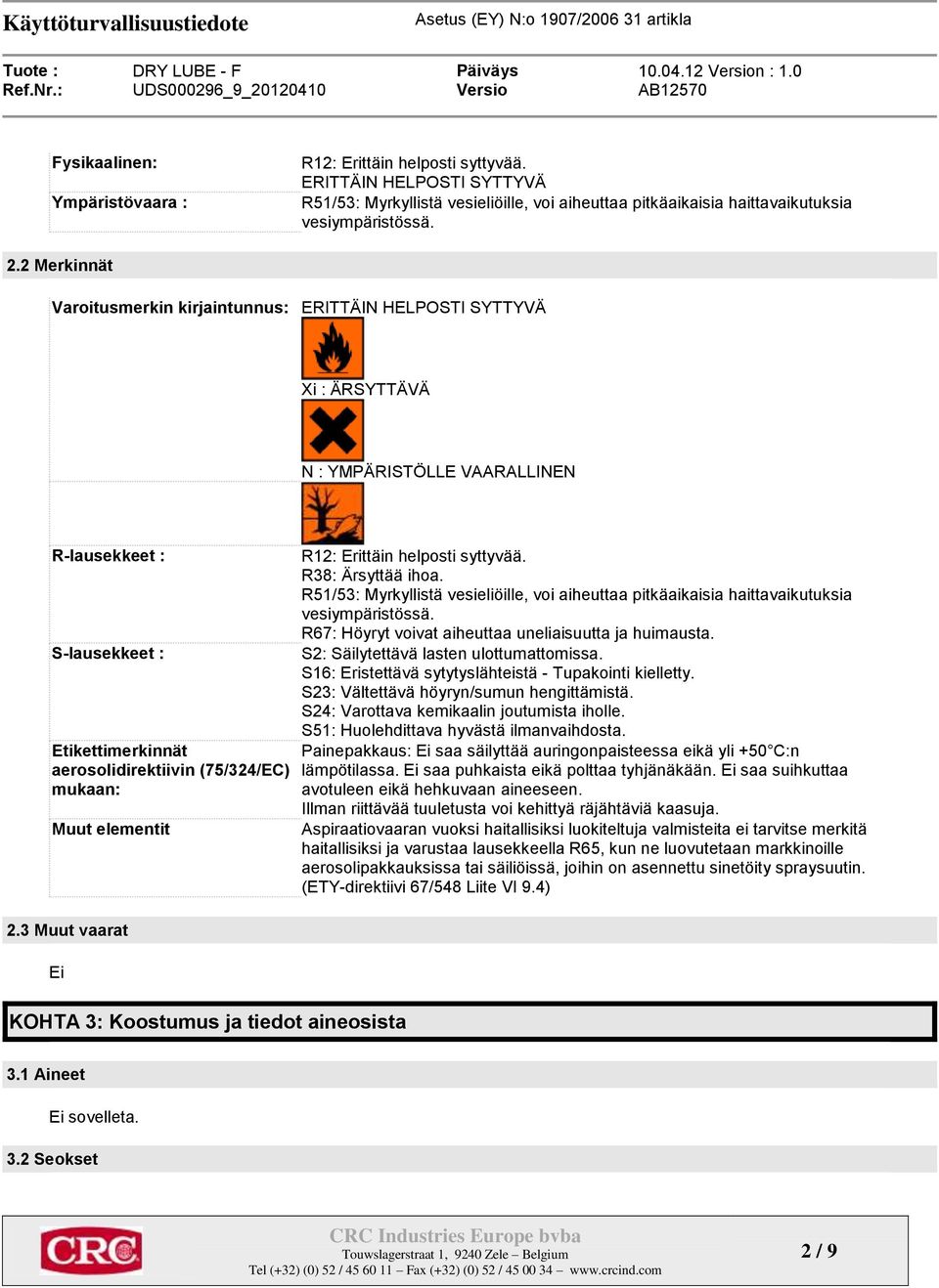 Muut elementit 2.3 Muut vaarat Ei R12: Erittäin helposti syttyvää. R38: Ärsyttää ihoa. R51/53: Myrkyllistä vesieliöille, voi aiheuttaa pitkäaikaisia haittavaikutuksia vesiympäristössä.