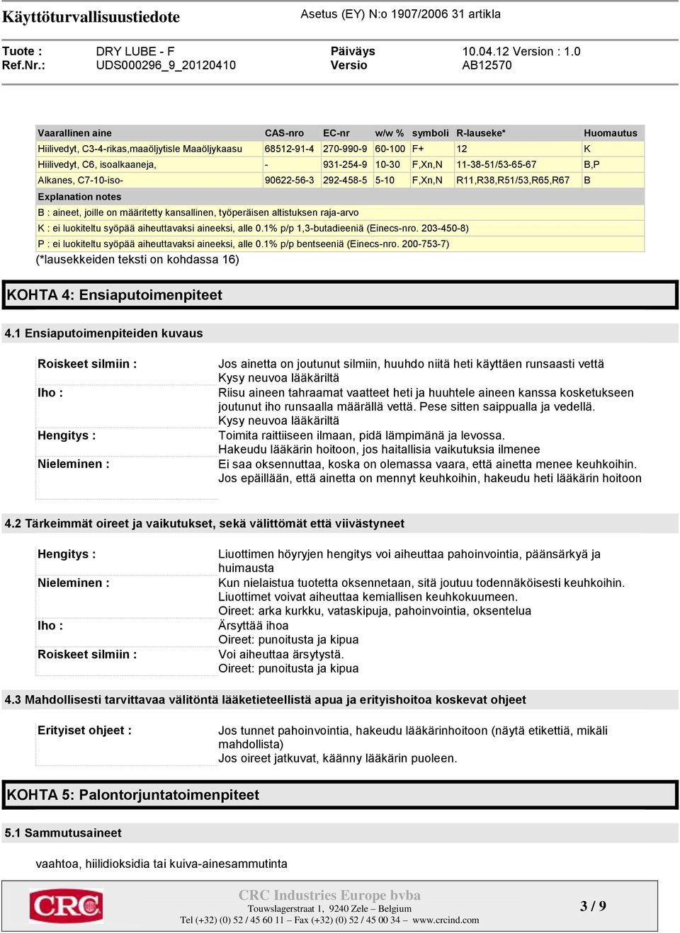 raja-arvo K : ei luokiteltu syöpää aiheuttavaksi aineeksi, alle 0.1% p/p 1,3-butadieeniä (Einecs-nro. 203-450-8) P : ei luokiteltu syöpää aiheuttavaksi aineeksi, alle 0.1% p/p bentseeniä (Einecs-nro.