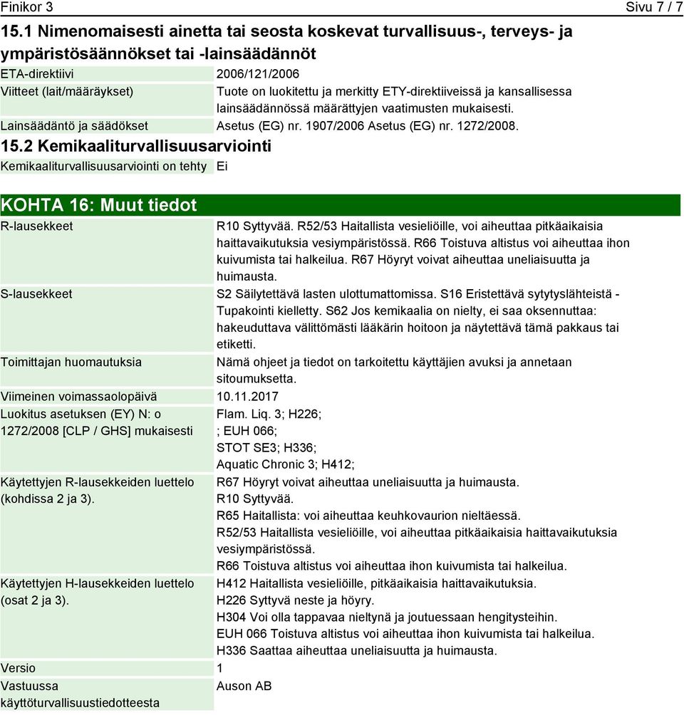 ETY-direktiiveissä ja kansallisessa lainsäädännössä määrättyjen vaatimusten mukaisesti. Lainsäädäntö ja säädökset Asetus (EG) nr. 1907/2006 Asetus (EG) nr. 1272/2008. 15.