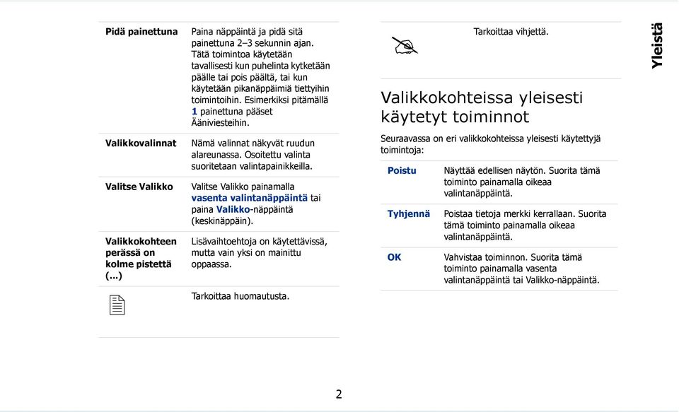 Tarkoittaa vihjettä. Valikkokohteissa yleisesti käytetyt toiminnot Yleistä Valikkovalinnat Valitse Valikko Valikkokohteen perässä on kolme pistettä (...) Nämä valinnat näkyvät ruudun alareunassa.