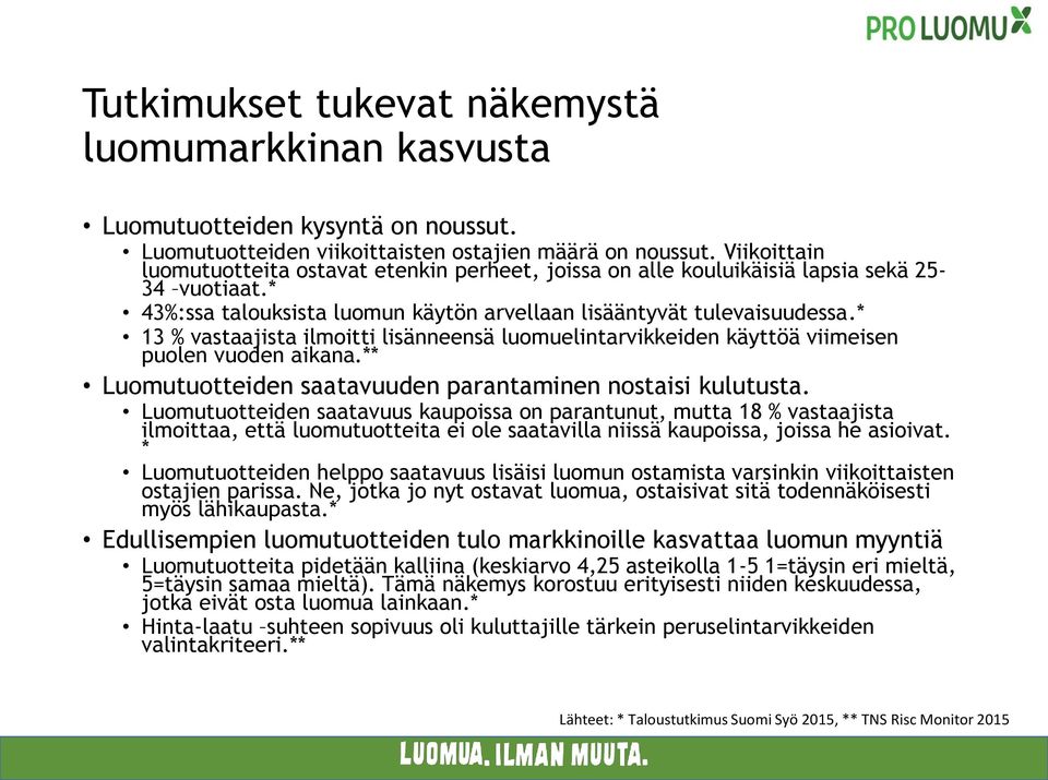 * 13 % vastaajista ilmoitti lisänneensä luomuelintarvikkeiden käyttöä viimeisen puolen vuoden aikana.** Luomutuotteiden saatavuuden parantaminen nostaisi kulutusta.