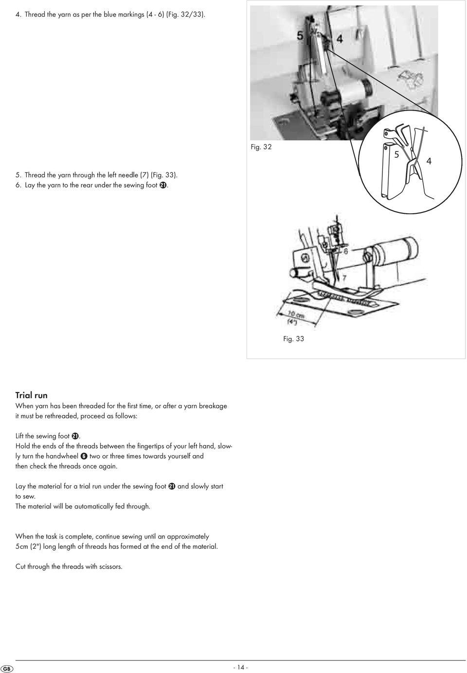 Hold the ends of the threads between the fingertips of your left hand, slowly turn the handwheel 6 two or three times towards yourself and then check the threads once again.