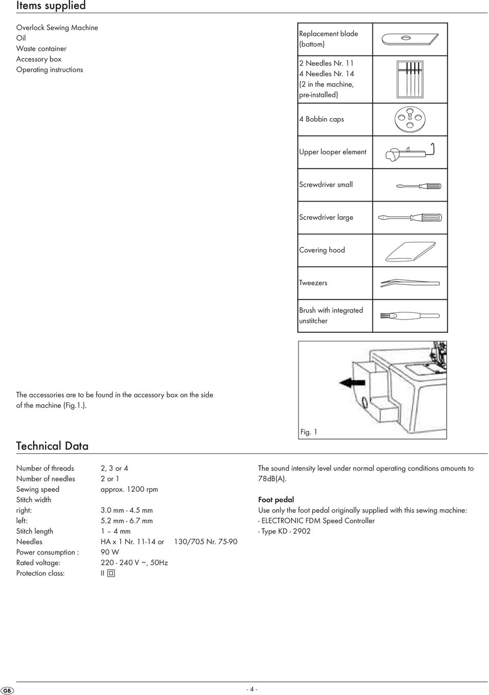 the accessory box on the side of the machine (Fig.1.). Technical Data Number of threads 2, 3 or 4 Number of needles 2 or 1 Sewing speed approx. 1200 rpm Stitch width right: 3.0 mm - 4.5 mm left: 5.