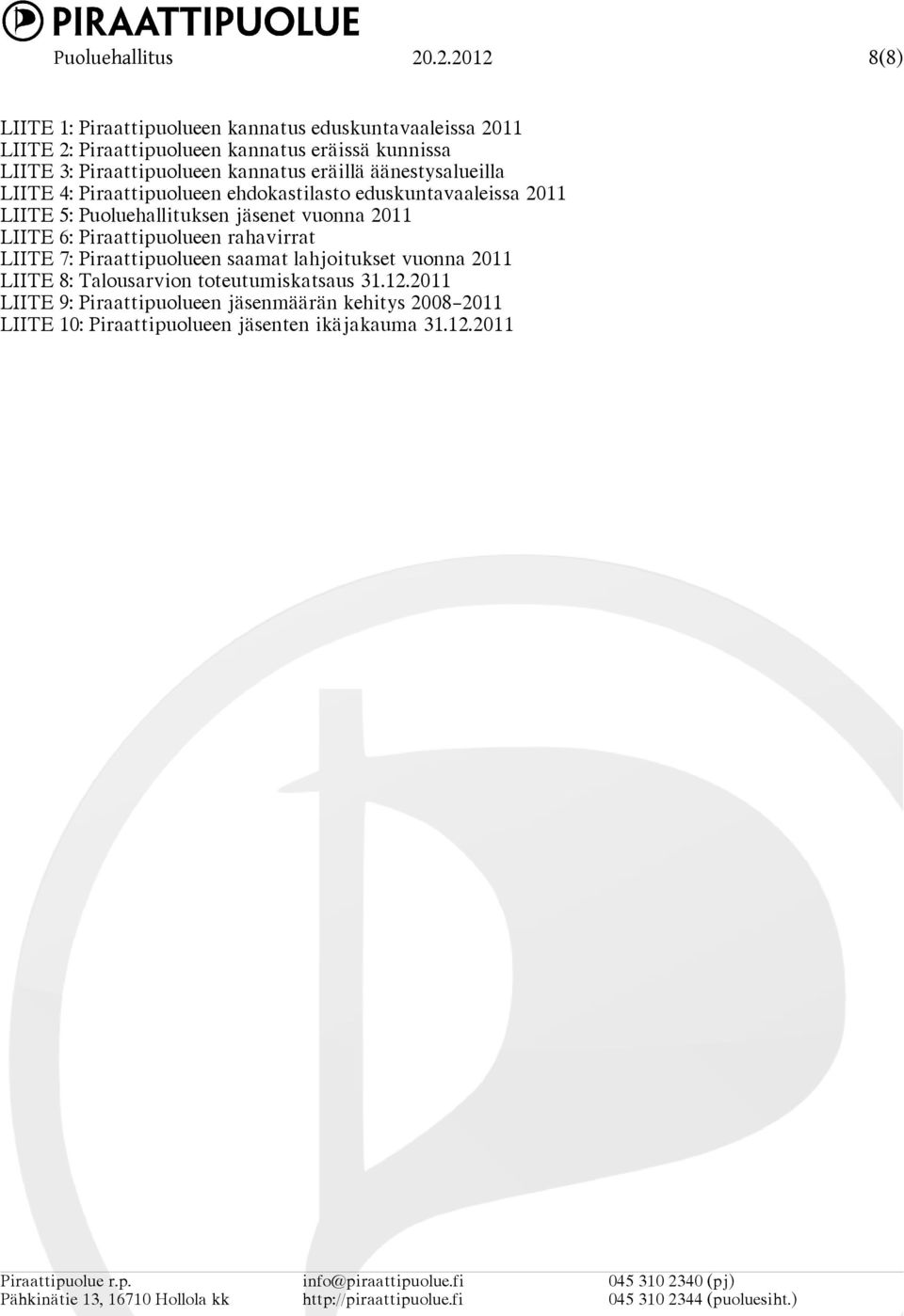 Piraattipuolueen kannatus eräillä äänestysalueilla LIITE 4: Piraattipuolueen ehdokastilasto eduskuntavaaleissa 2011 LIITE 5: Puoluehallituksen