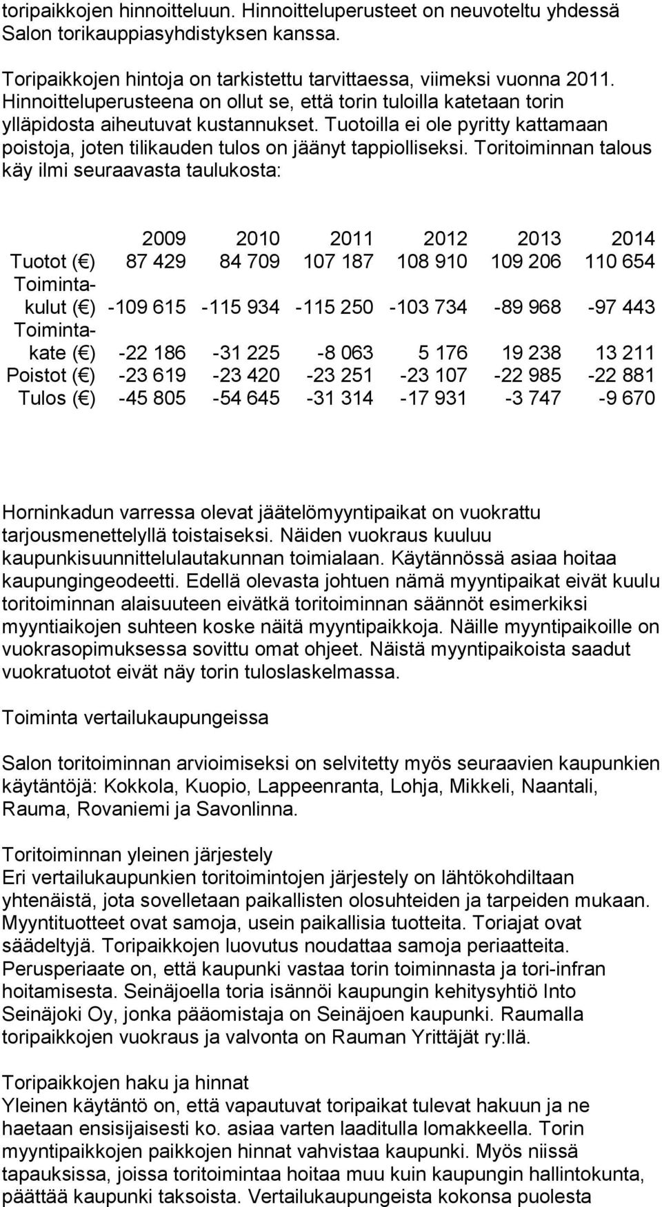 Toritoiminnan talous käy ilmi seuraavasta taulukosta: 2009 2010 2011 2012 2013 2014 Tuotot ( ) 87 429 84 709 107 187 108 910 109 206 110 654 Toimintakulut ( ) -109 615-115 934-115 250-103 734-89