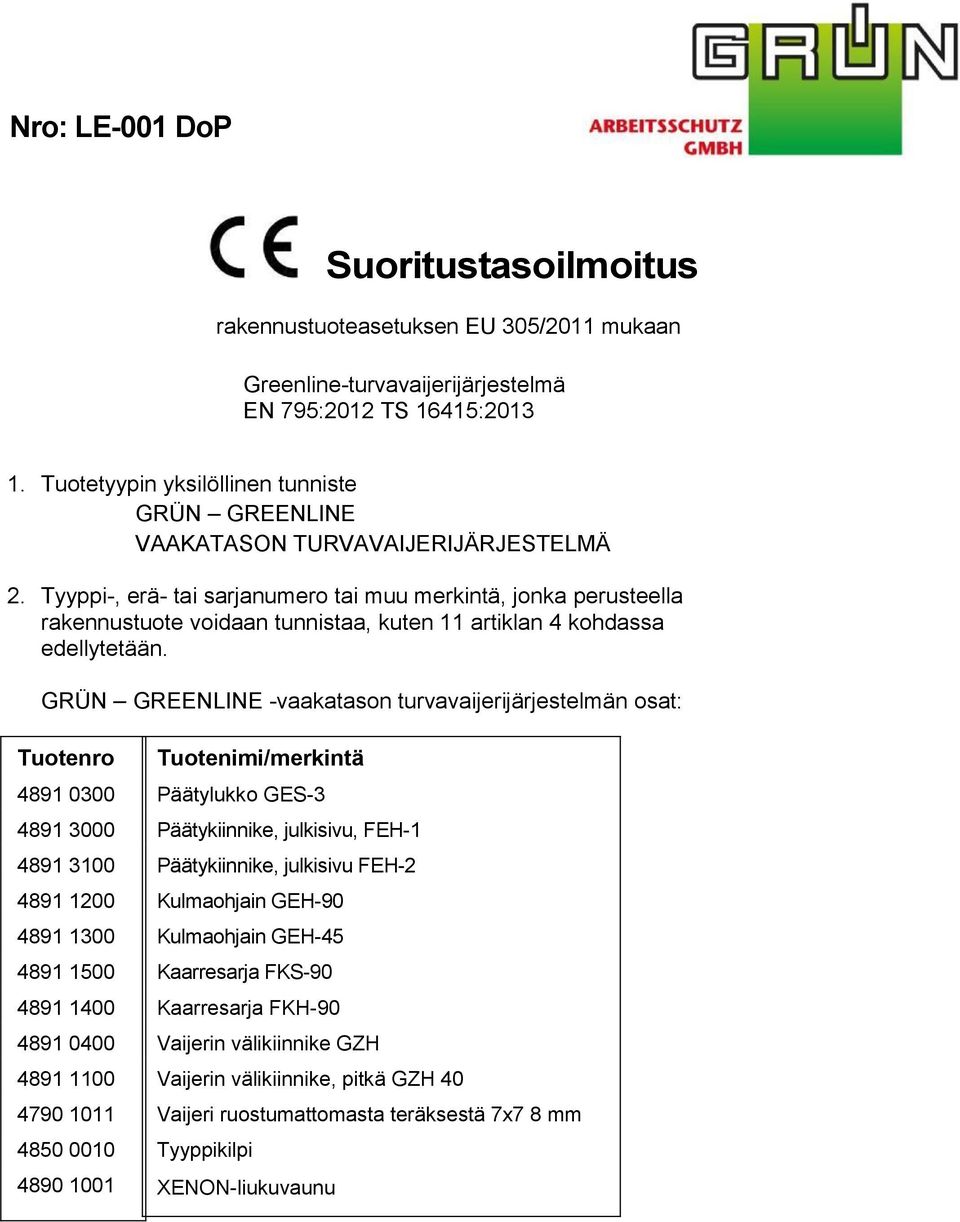Tyyppi-, erä- tai sarjanumero tai muu merkintä, jonka perusteella rakennustuote voidaan tunnistaa, kuten 11 artiklan 4 kohdassa edellytetään.