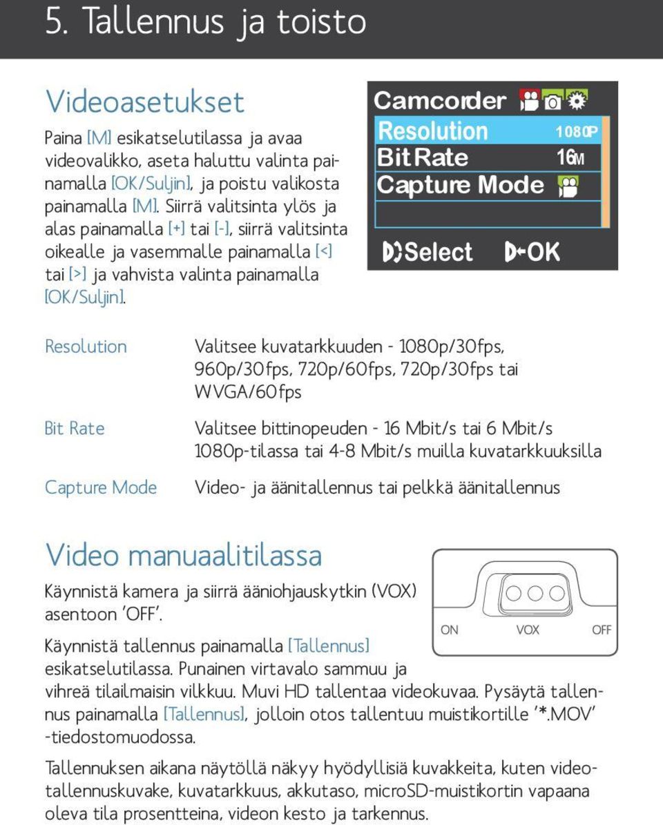Camcorder 1080P Bit Rate 16M Capture Mode Resolution Bit Rate Capture Mode Valitsee kuvatarkkuuden - 1080p/30fps, 960p/30fps, 720p/60fps, 720p/30fps tai WVGA/60fps Valitsee bittinopeuden - 16 Mbit/s