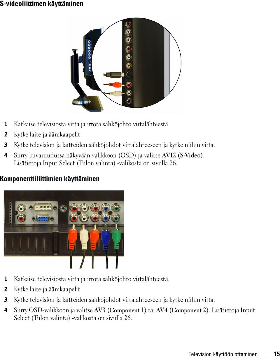 Lisätietoja Input Select (Tulon valinta) -valikosta on sivulla 26. Komponenttiliittimien käyttäminen 1 Katkaise televisiosta virta ja irrota sähköjohto virtalähteestä.