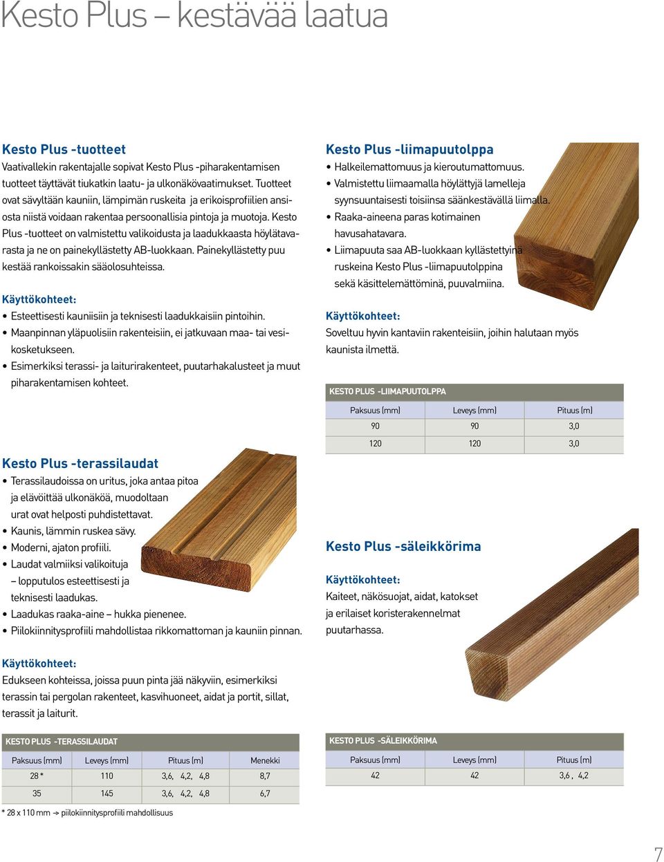 Plus -tuotteet on valmistettu valikoidusta ja laadukkaasta höylätavarasta ja ne on painekyllästetty AB-luokkaan. Painekyllästetty puu kestää rankoissakin sääolosuhteissa.