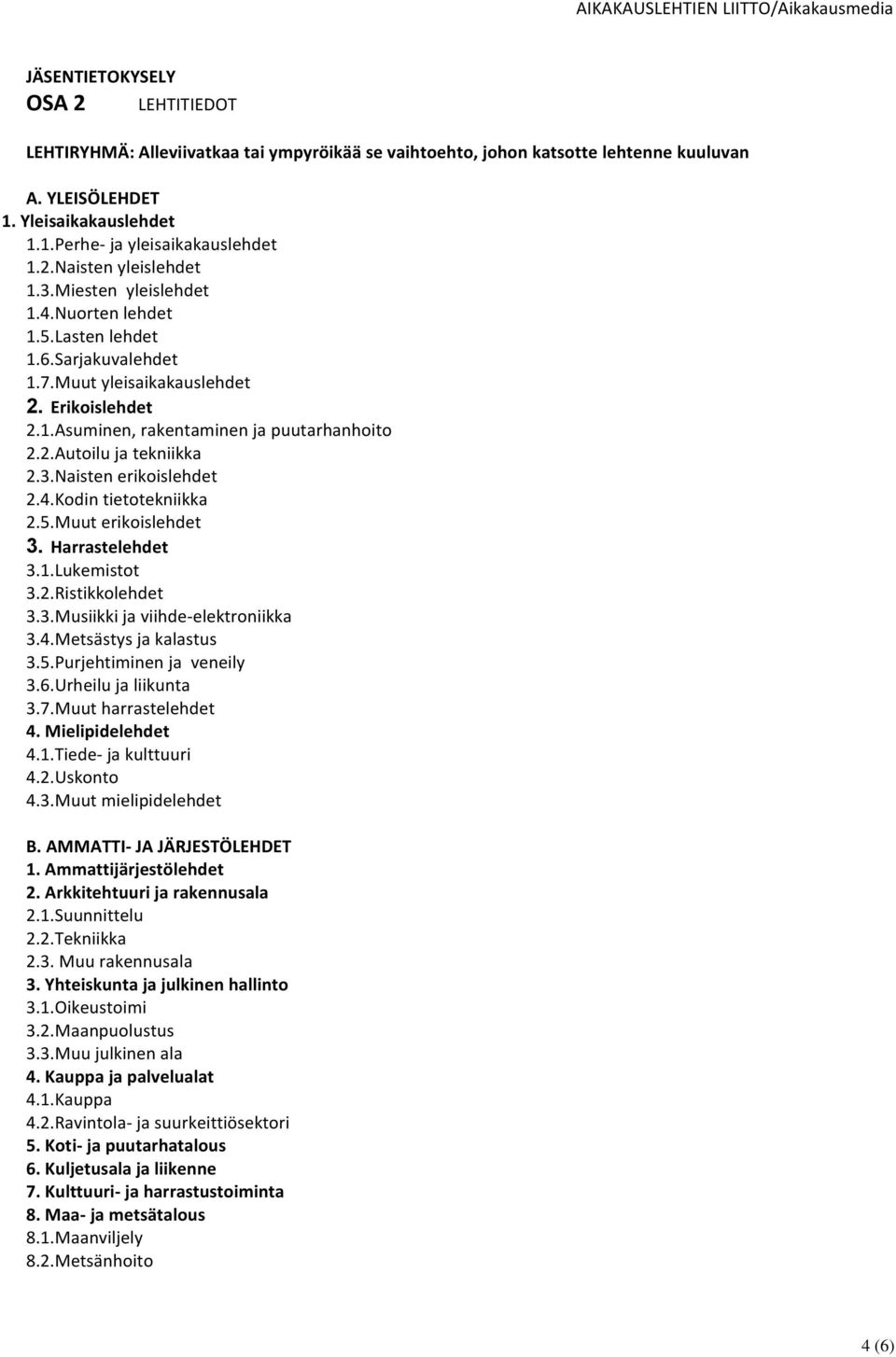 Naisten erikoislehdet 2.4.Kodin tietotekniikka 2.5.Muut erikoislehdet 3. Harrastelehdet 3.1.Lukemistot 3.2.Ristikkolehdet 3.3.Musiikki ja viihde-elektroniikka 3.4.Metsästys ja kalastus 3.5.Purjehtiminen ja veneily 3.