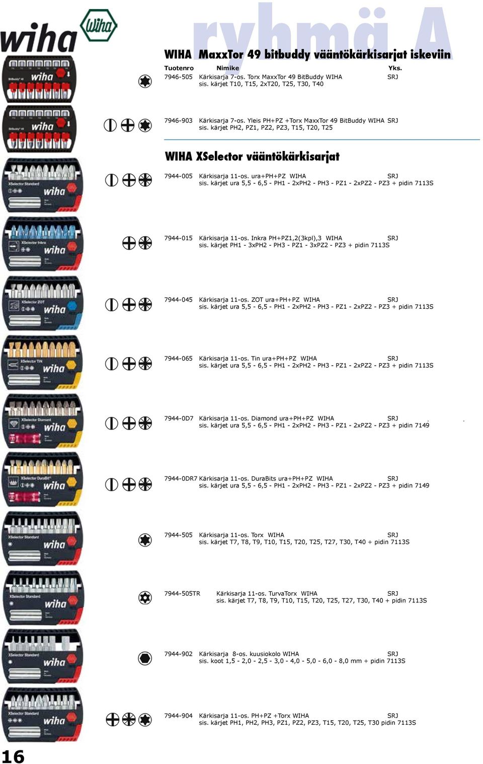 kärjet PH2, PZ1, PZ2, PZ3, T15, T20, T25 WIHA XSelector vääntökärkisarjat 7944-005 Kärkisarja 11-os. ura+ph+pz WIHA SRJ 18,67 23,15 sis.