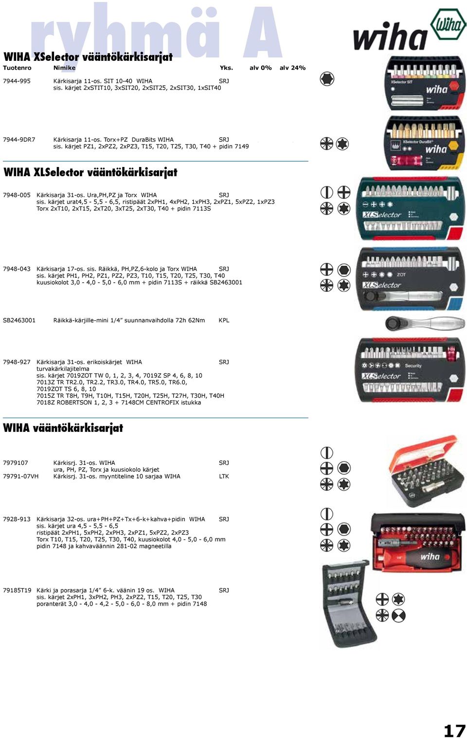 kärjet urat4,5-5,5-6,5, ristipäät 2xPH1, 4xPH2, 1xPH3, 2xPZ1, 5xPZ2, 1xPZ3 Torx 2xT10, 2xT15, 2xT20, 3xT25, 2xT30, T40 + pidin 7113S 7948-043 Kärkisarja 17-os. sis.