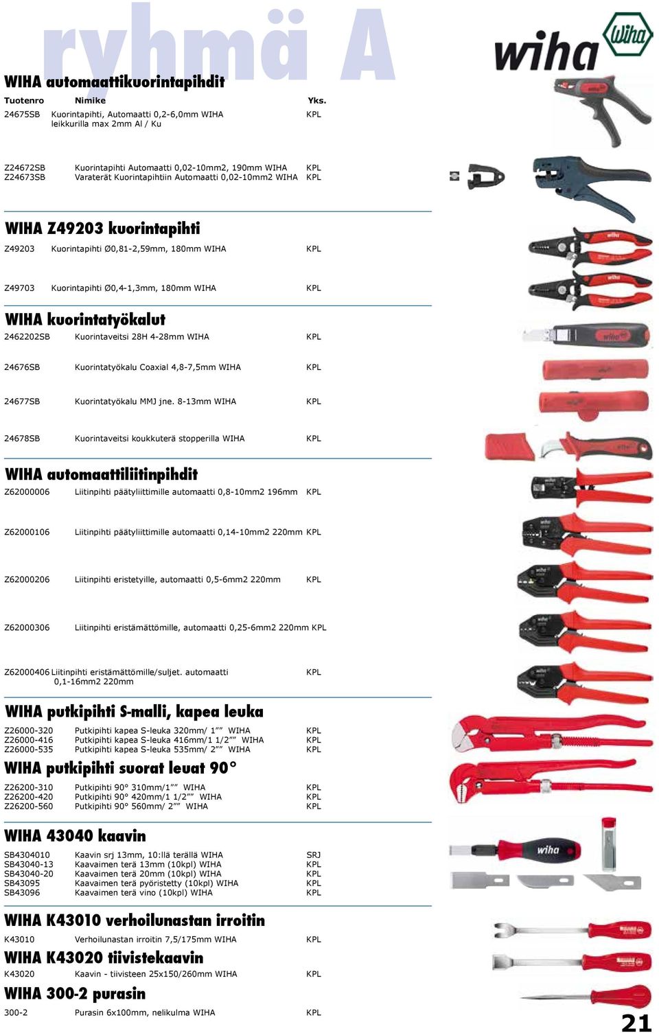 Ø0,4-1,3mm, 180mm WIHA KPL 22,44 27,83 WIHA kuorintatyökalut 2462202SB Kuorintaveitsi 28H 4-28mm WIHA KPL 19,28 23,91 24676SB Kuorintatyökalu Coaxial 4,8-7,5mm WIHA KPL 20,71 25,68 24677SB