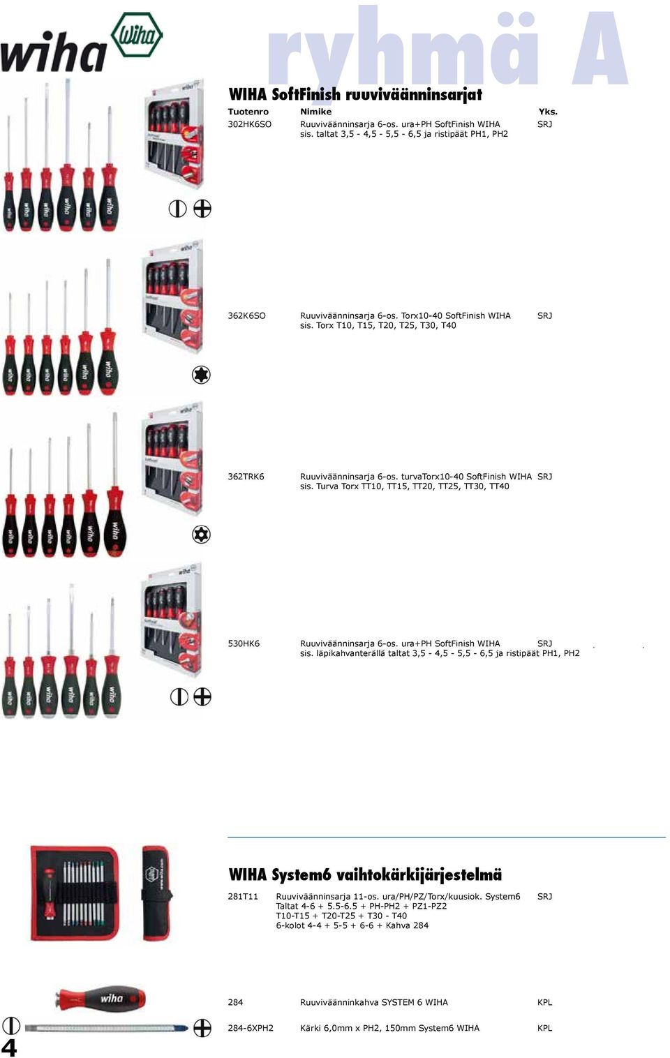 turvatorx10-40 SoftFinish WIHA SRJ 49,88 61,85 sis. Turva Torx TT10, TT15, TT20, TT25, TT30, TT40 530HK6 Ruuviväänninsarja 6-os. ura+ph SoftFinish WIHA SRJ 62,63 77,66 sis.