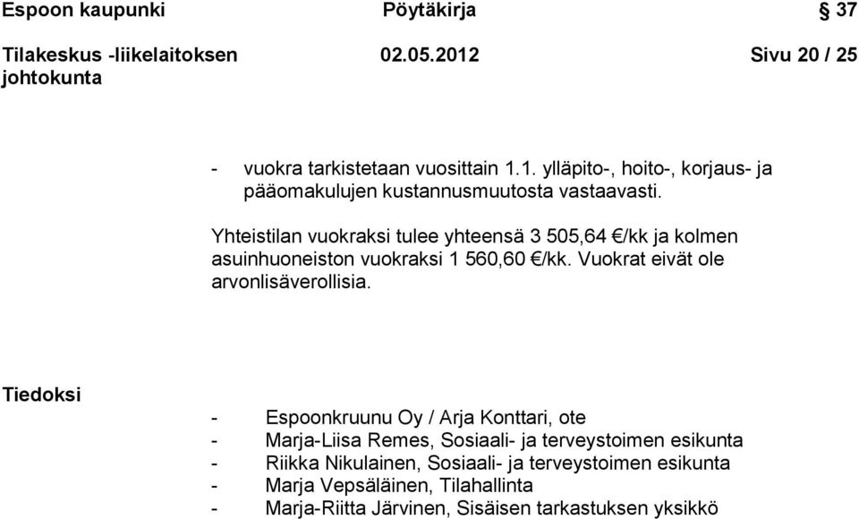 Tiedoksi - Espoonkruunu Oy / Arja Konttari, ote - Marja-Liisa Remes, Sosiaali- ja terveystoimen esikunta - Riikka Nikulainen, Sosiaali- ja