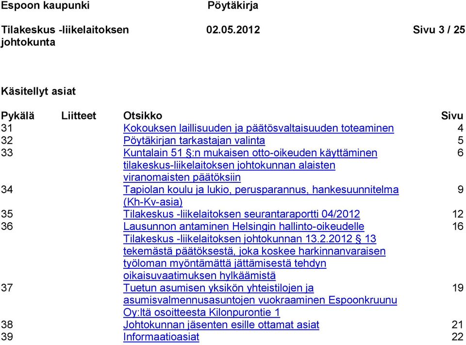 otto-oikeuden käyttäminen 6 tilakeskus-liikelaitoksen johtokunnan alaisten viranomaisten päätöksiin 34 Tapiolan koulu ja lukio, perusparannus, hankesuunnitelma 9 (Kh-Kv-asia) 35 seurantaraportti
