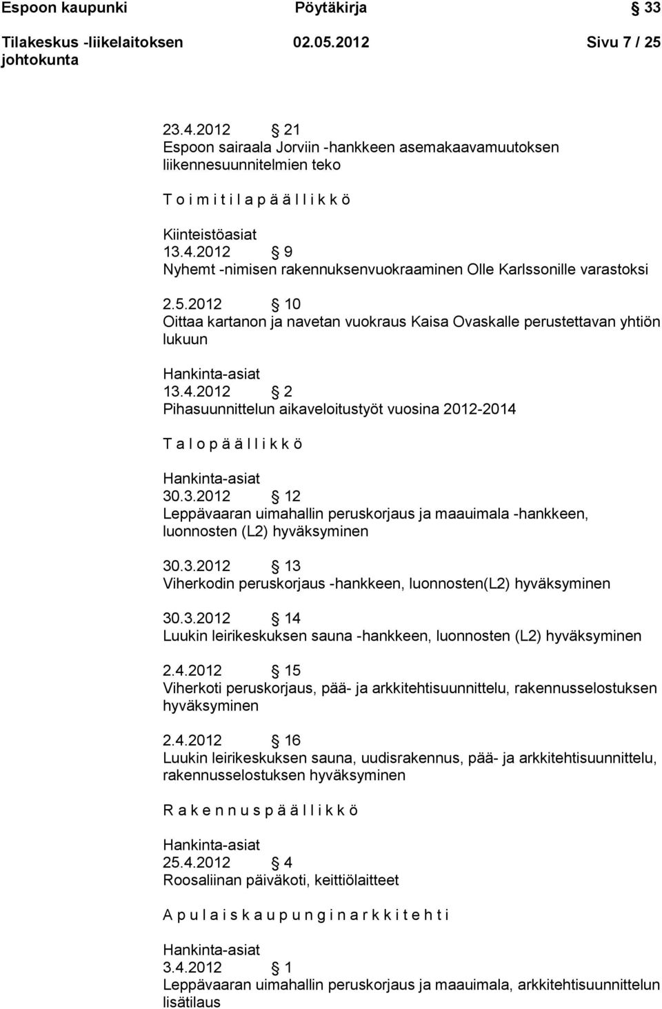 2012 9 Nyhemt -nimisen rakennuksenvuokraaminen Olle Karlssonille varastoksi 2.5.2012 10 Oittaa kartanon ja navetan vuokraus Kaisa Ovaskalle perustettavan yhtiön lukuun Hankinta-asiat 13.4.