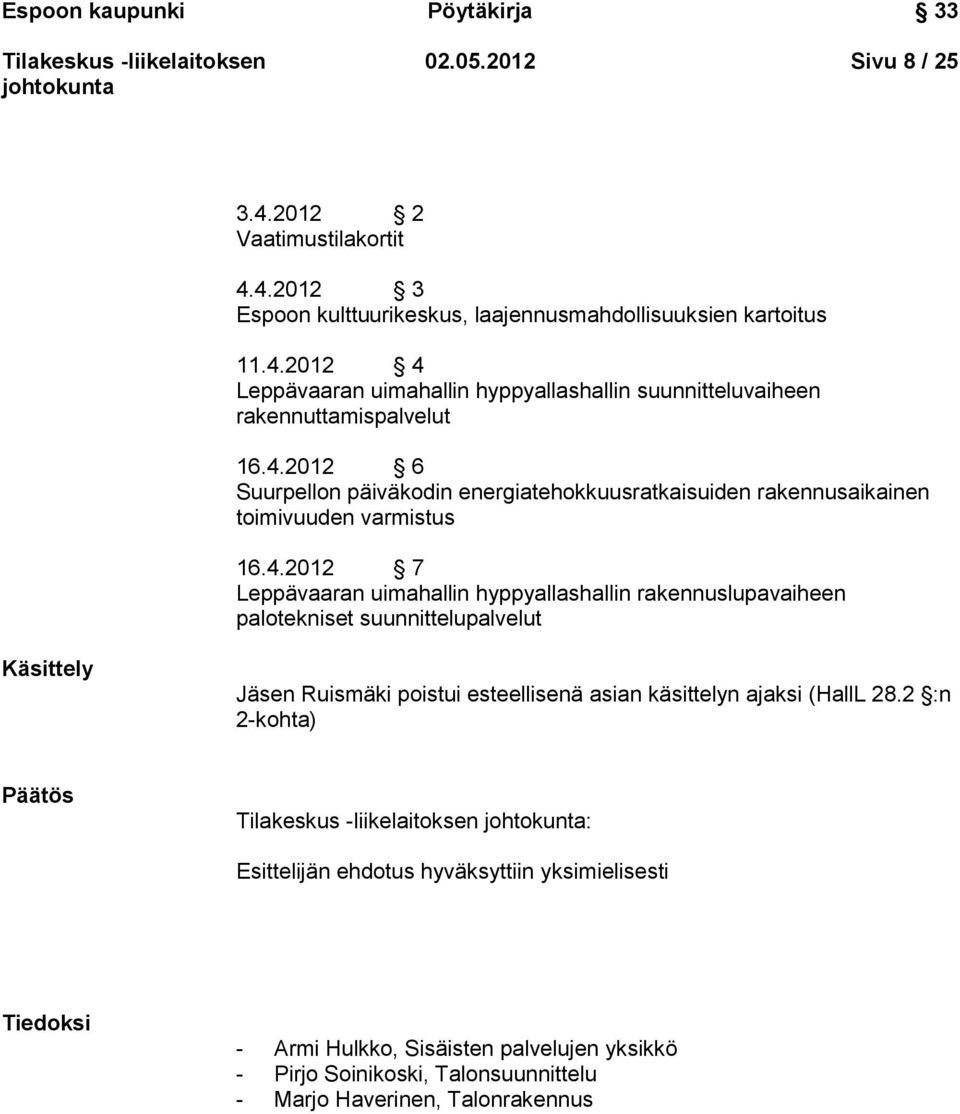 2 :n 2-kohta) Päätös : Esittelijän ehdotus hyväksyttiin yksimielisesti Tiedoksi - Armi Hulkko, Sisäisten palvelujen yksikkö - Pirjo Soinikoski, Talonsuunnittelu - Marjo Haverinen,