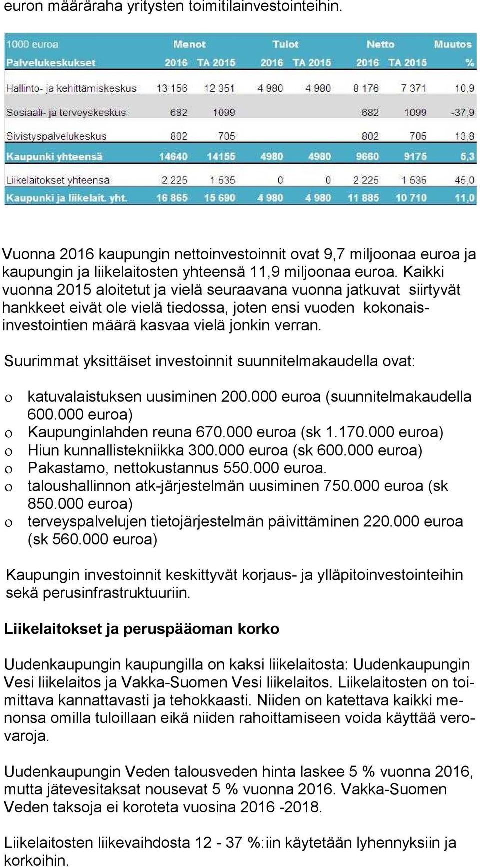 Suurimmat yksittäiset investoinnit suunnitelmakaudella ovat: katuvalaistuksen uusiminen 200.000 euroa (suunnitelmakaudella 600.000 euroa) Kaupunginlahden reuna 670.000 euroa (sk 1.170.