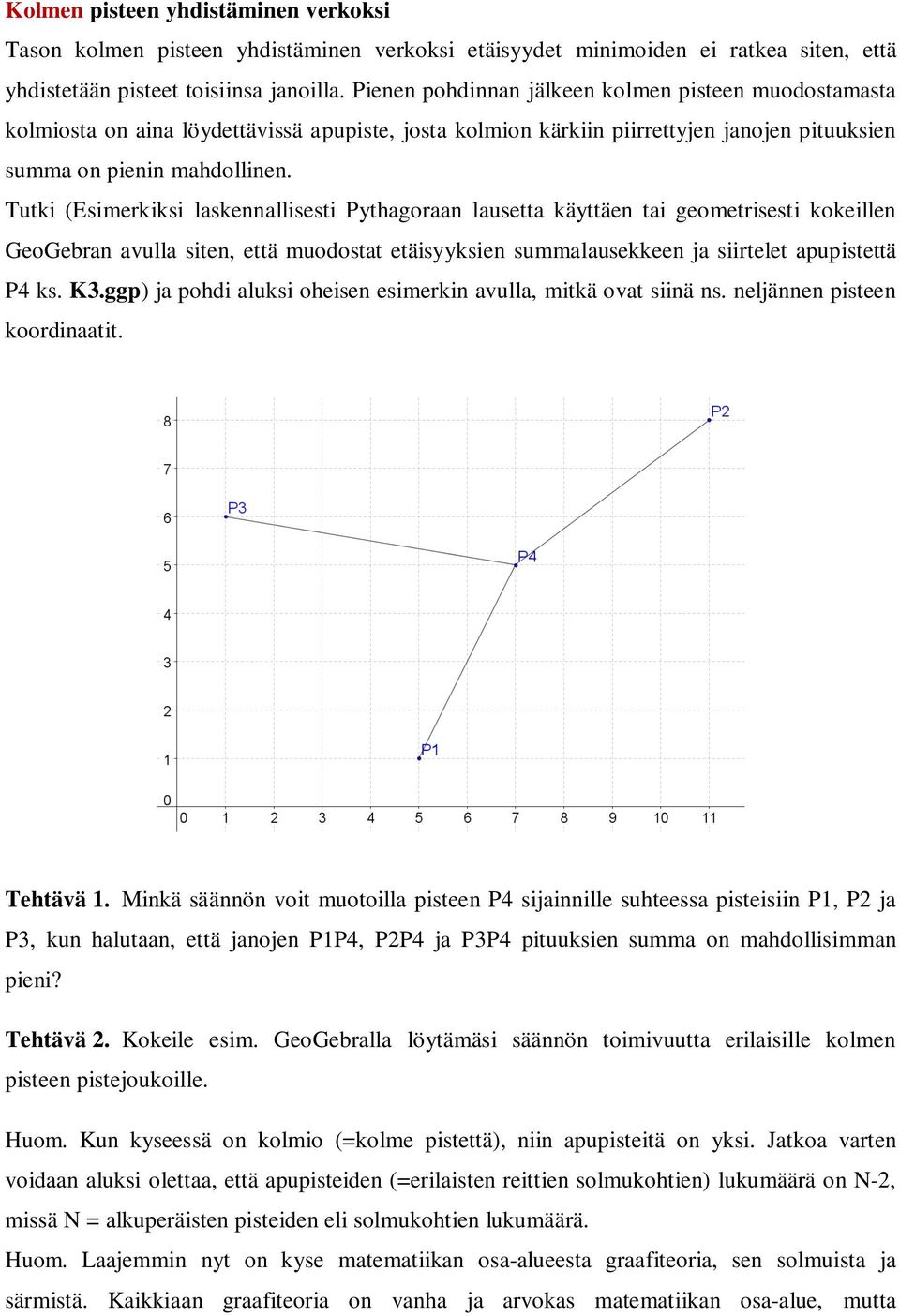 Tutki (Esimerkiksi laskennallisesti Pythagoraan lausetta käyttäen tai geometrisesti kokeillen GeoGebran avulla siten, että muodostat etäisyyksien summalausekkeen ja siirtelet apupistettä P4 ks. K3.