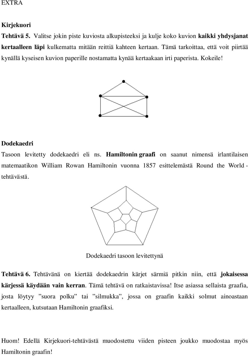 Hamiltonin graafi on saanut nimensä irlantilaisen matemaatikon William Rowan Hamiltonin vuonna 1857 esittelemästä Round the World - tehtävästä. Dodekaedri tasoon levitettynä Tehtävä 6.