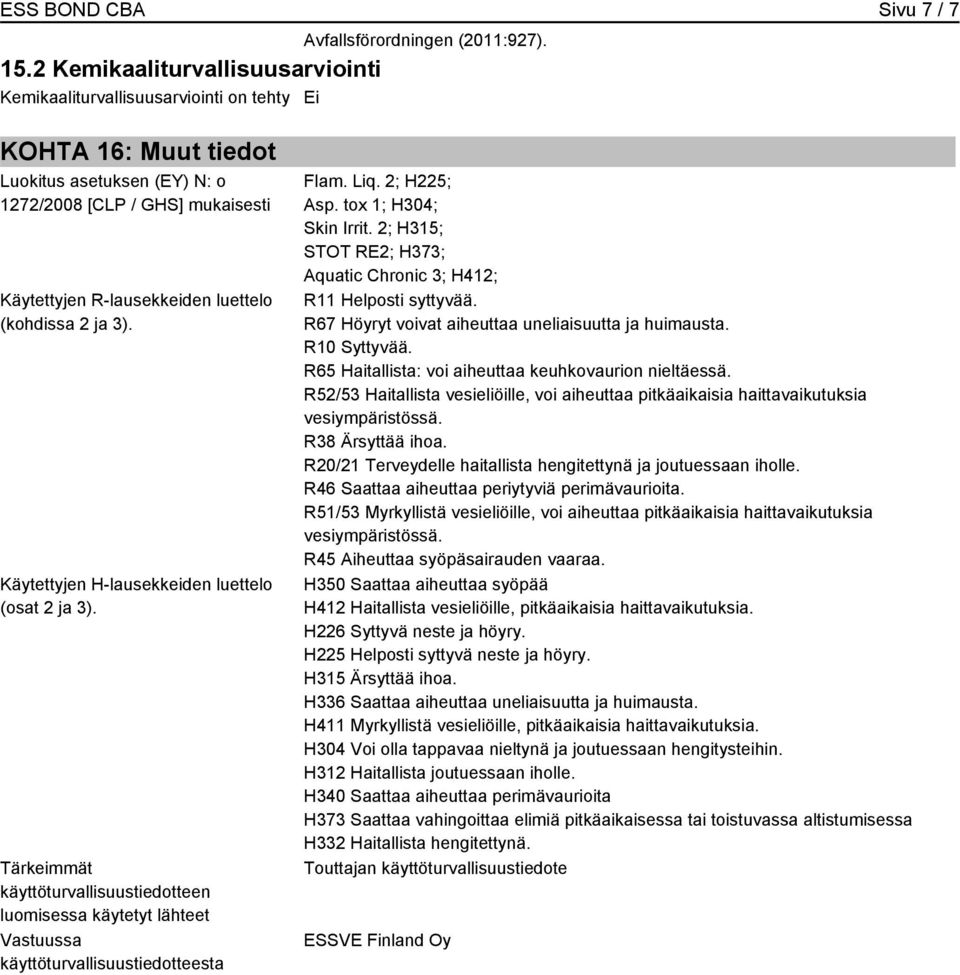 (kohdissa 2 ja 3). Käytettyjen H-lausekkeiden luettelo (osat 2 ja 3). Tärkeimmät käyttöturvallisuustiedotteen luomisessa käytetyt lähteet Vastuussa käyttöturvallisuustiedotteesta Flam. Liq.