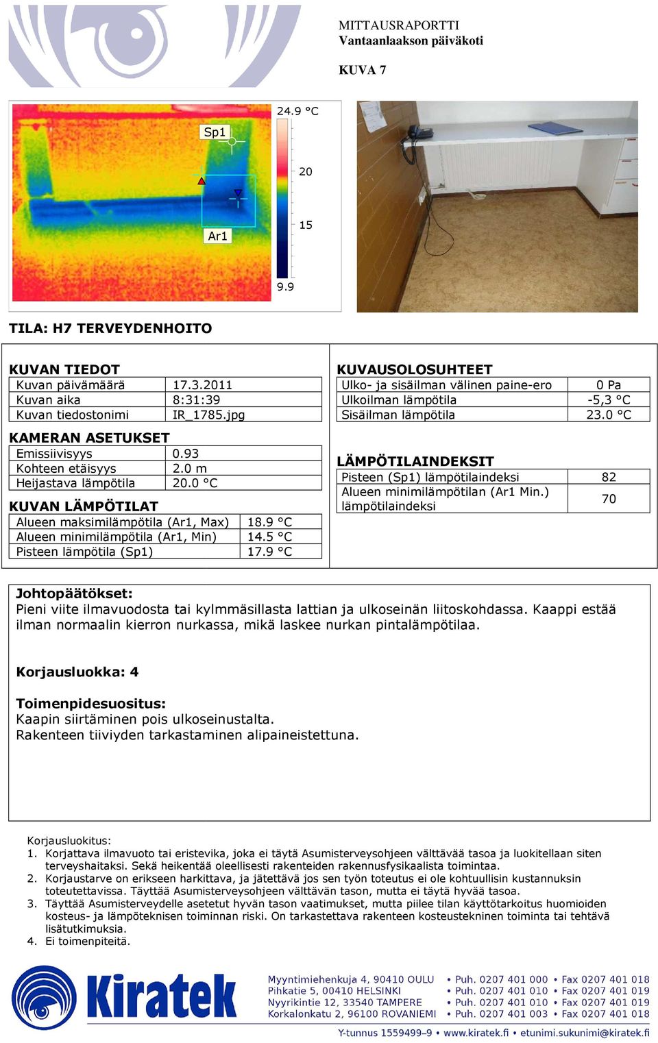 0 C Pisteen () 82 70 Pieni viite ilmavuodosta tai kylmmäsillasta lattian ja ulkoseinän liitoskohdassa.