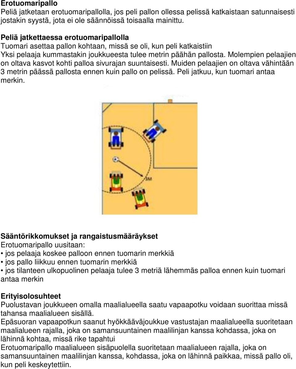 Molempien pelaajien on oltava kasvot kohti palloa sivurajan suuntaisesti. Muiden pelaajien on oltava vähintään 3 metrin päässä pallosta ennen kuin pallo on pelissä.